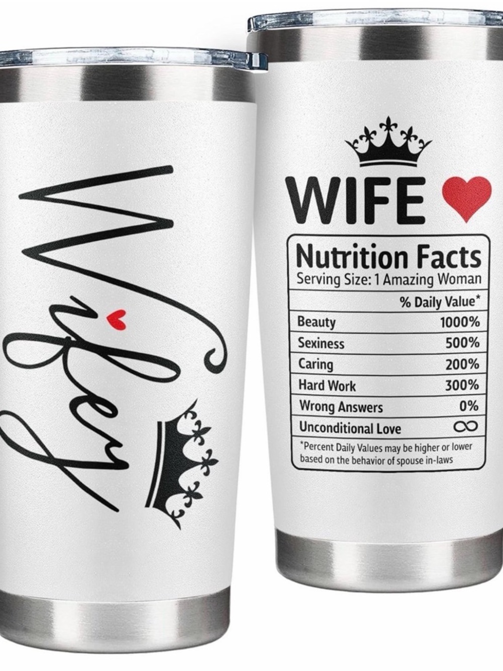 WIFE Nutrition Facts White Stainless Tumbler with Red Heart